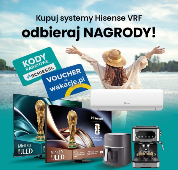 Grafika przedstawiająca nagrody: telewizory, ekspres do kawy, frytkownicę, klimatyzator, voucher wakacje.pl, kod rabatowy. Hasło: Kupuj systemy Hisense VRF odbieraj nagrody.